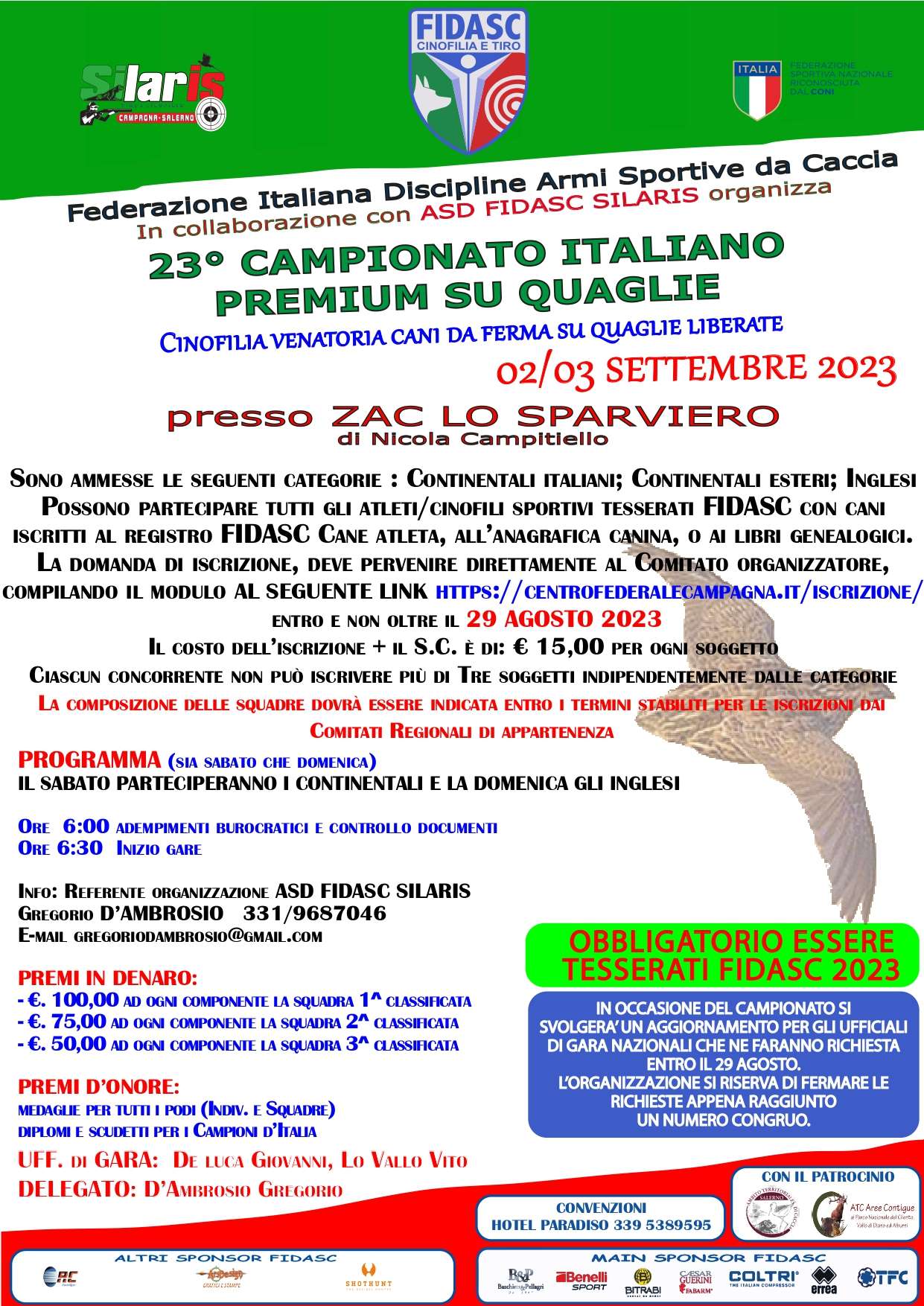 Locandina campionato italiano su quaglie liberate settembre 2023