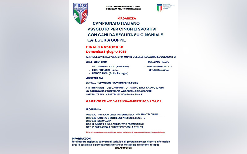 L’8 giugno si terrà a Monte Collina (Fc) la Finale del Tricolore seguita su cinghiale categorie coppie