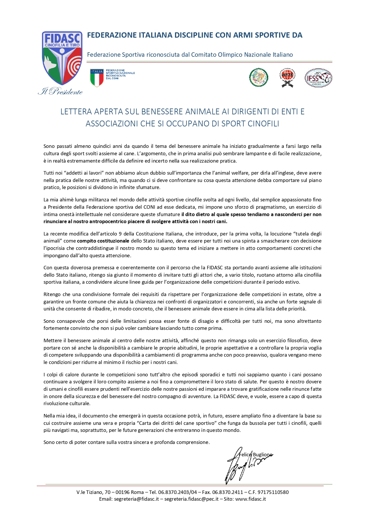 Lettera aperta del Presidente Felice Buglione sul benessere animale ai Dirigenti di Enti ed Associazioni che si occupano di Sport Cinofili